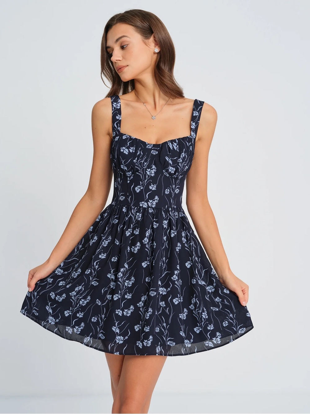 NWT Rihoas Navy Blue Floral Sweetheart Neck Mini Skater Dress Size Medium - Picture 3 of 11
